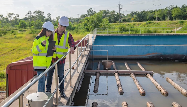 Environmental engineers work at wastewater treatment plantsWater supply engineering working at Water recycling plant for reuseTechnicians and engineers discuss work together