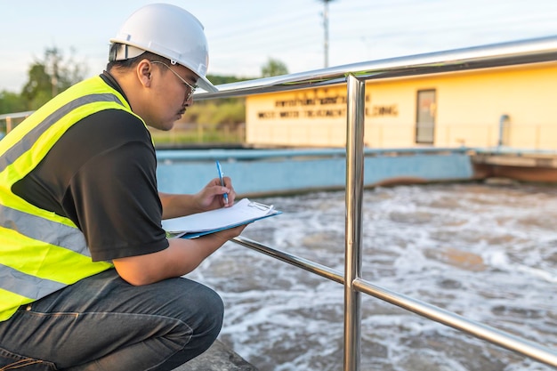 Environmental engineers work at wastewater treatment plantsWater supply engineering working at Water