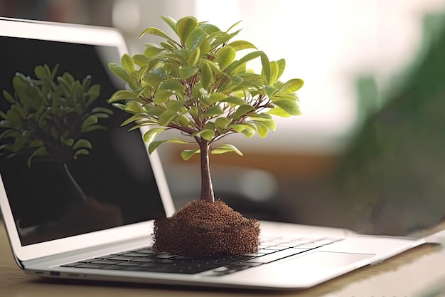 Environmental friendly concept tree growing from laptop sustainability ecology problems