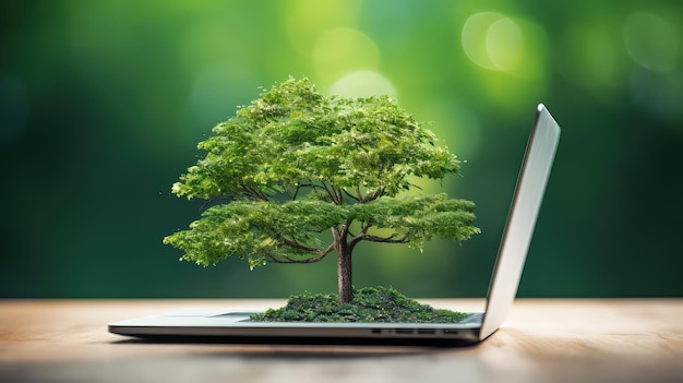 Foto albero del concetto rispettoso dell'ambiente che cresce dai problemi di ecologia della sostenibilità del laptopx9