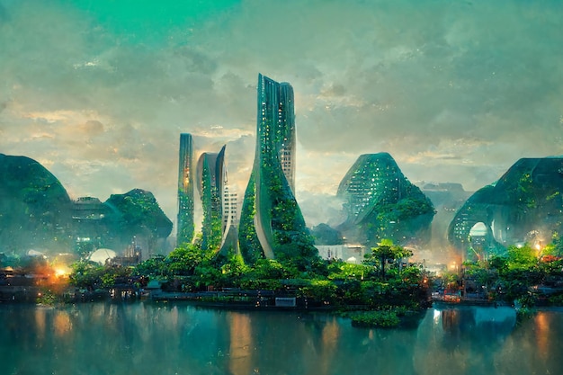 Environmental Friendly SciFi City on Coast of Tropical Sea Lagoon CG Artwork