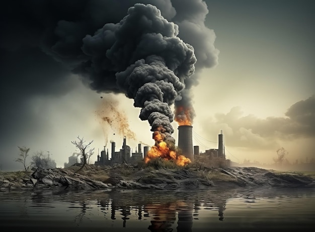 Environmental pollution concept A dramatic image of a city skyline in ruins with a large explosion