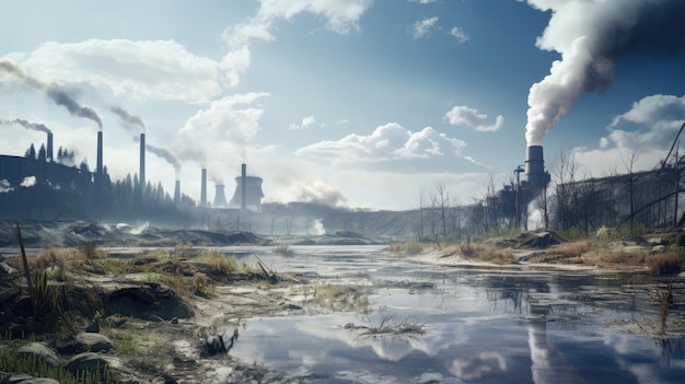 Environmental pollution industrial pollution with pristine natural landscapes emphasizing the need for reduced carbon emissions
