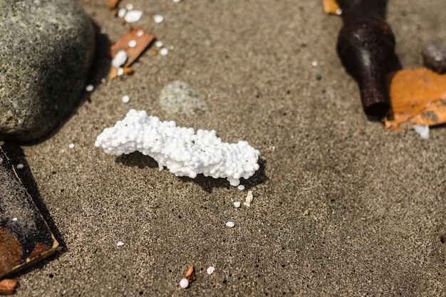 Environmental pollution on the sand of a beach