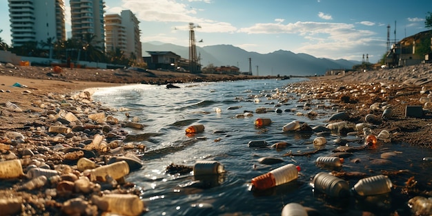 Environmental pollution water pollution plastic bottles packs Generative AI