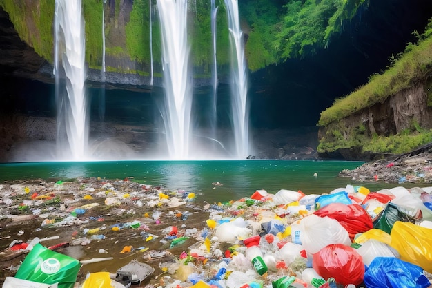 環境問題 山の滝の水の中のカラフルなプラスチックゴミ