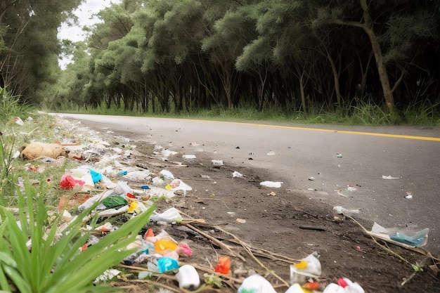숲속 도로 근처의 환경 문제 플라스틱 쓰레기