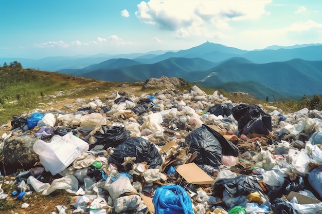 写真 環境問題プラスチックゴミや地球温暖化による山のゴミ汚染の概念