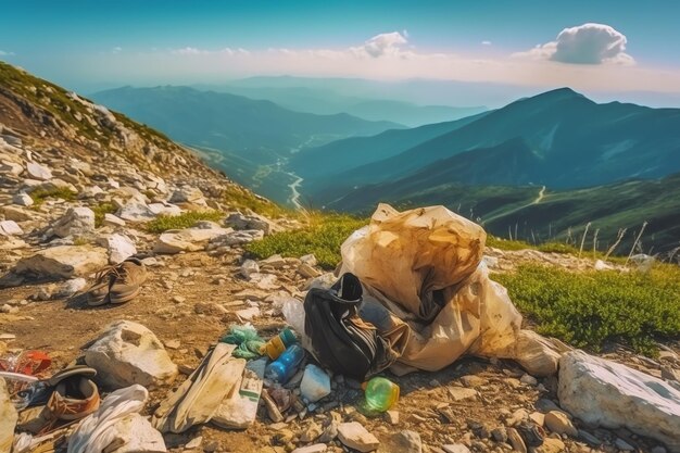 Environmental problem plastic garbage or trash in the mountain from global warming pollution concept
