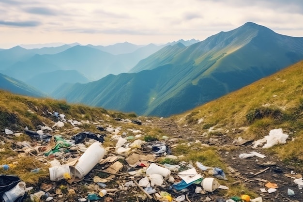 Экологическая проблема, пластиковый мусор или мусор в горах из-за концепции глобального потепления.