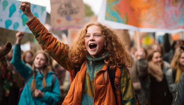 Foto protesta ambientale incentrata su attivisti e striscioni che chiedono azioni sul cambiamento climatico