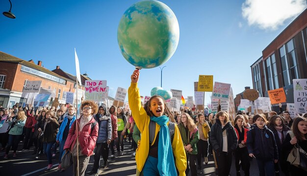 Environmental protest focusing on activists and banners calling for action on climate change