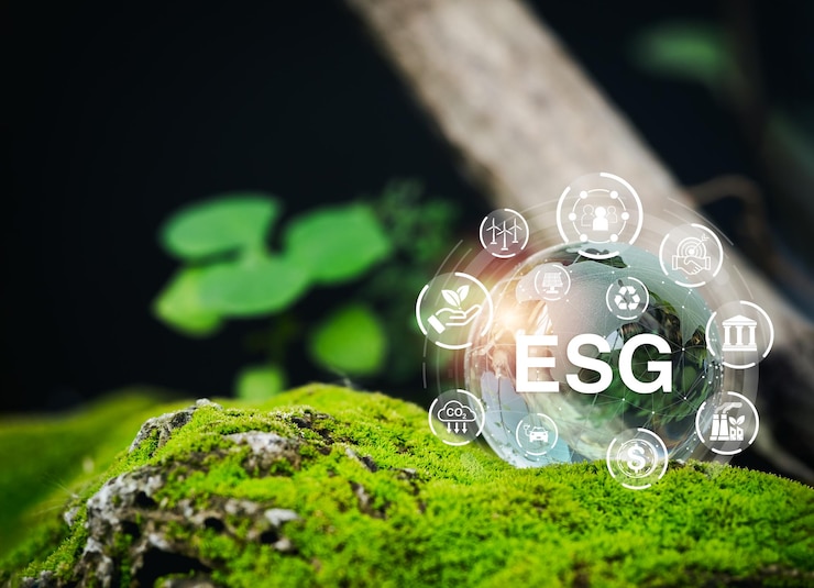 Photo 環境・社会・企業・ガバナンス 地球を救うための持続可能な環境 esgコンセプト esgエレメントのアイコンをガラスのグラスに緑色のモス背景の地球のグローブに