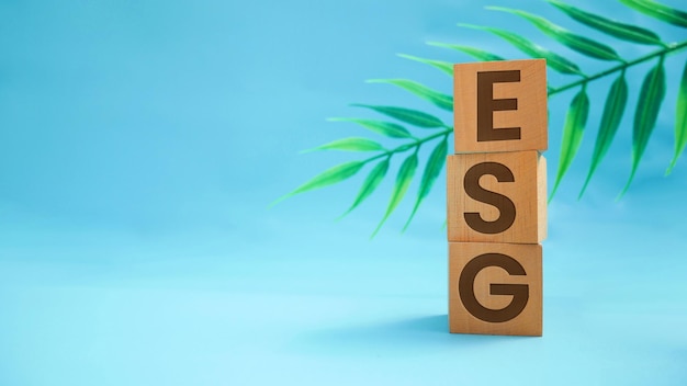 Экологическая социальная и управленческая концепция ESG Слово ESG выгравировано на деревянном блоке