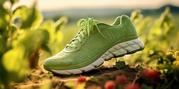 환경 친화적 인 야외 달리기 신발은 환경 의식적인 신발 선택과 자연과의 연결을 상징합니다.