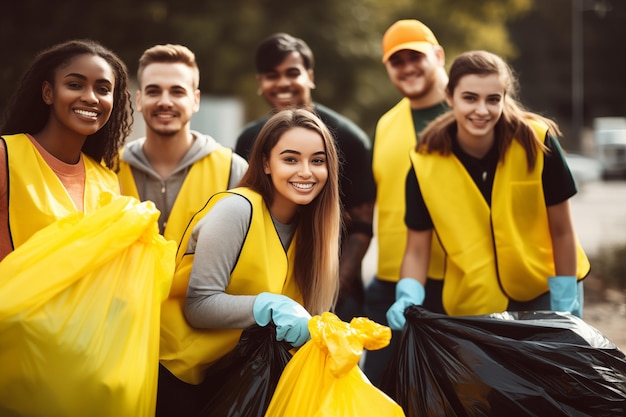 Photo environmentalist group of people helping with recycling