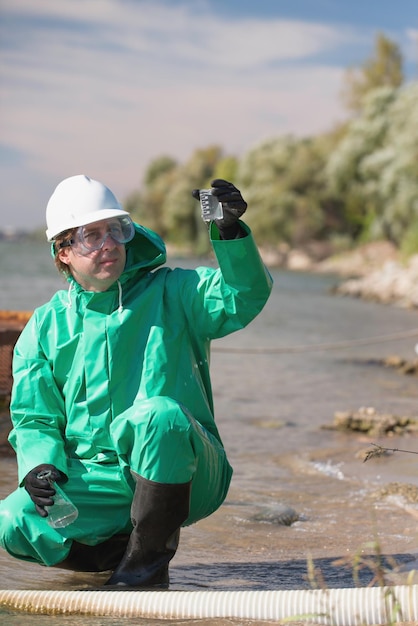 Environmentalist looking at sample of polluted water