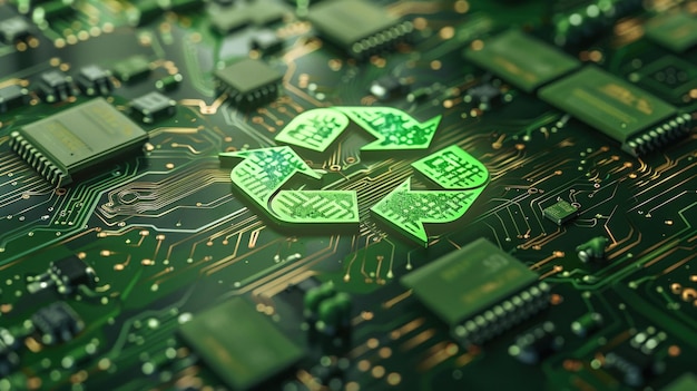 Photo an environmentally conscious tech concept featuring a green recycle symbol on a circuit board