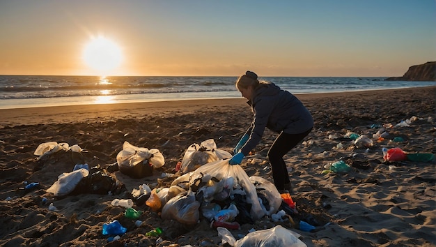 写真 息をく夕暮れの砂浜でゴミを掃除する環境に気づいた女性