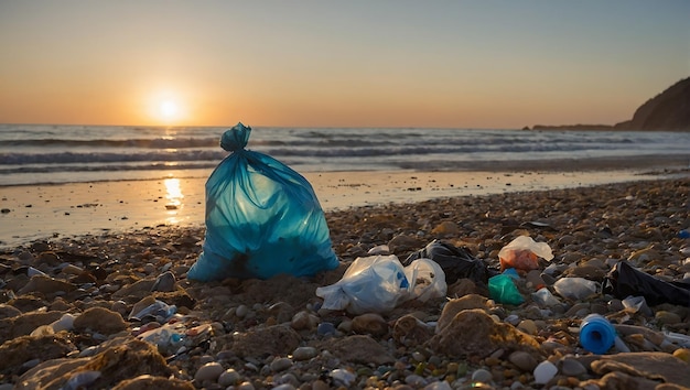 Женщина, заботящаяся об окружающей среде, убирает мусор на песчаном пляже во время захватывающего заката
