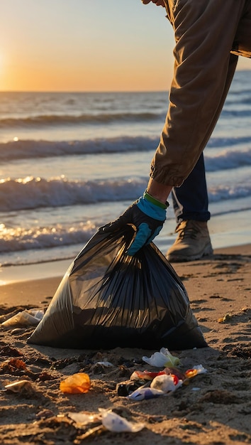 Environmentally conscious woman cleaning up trash on a sandy beach during a breathtaking sunset