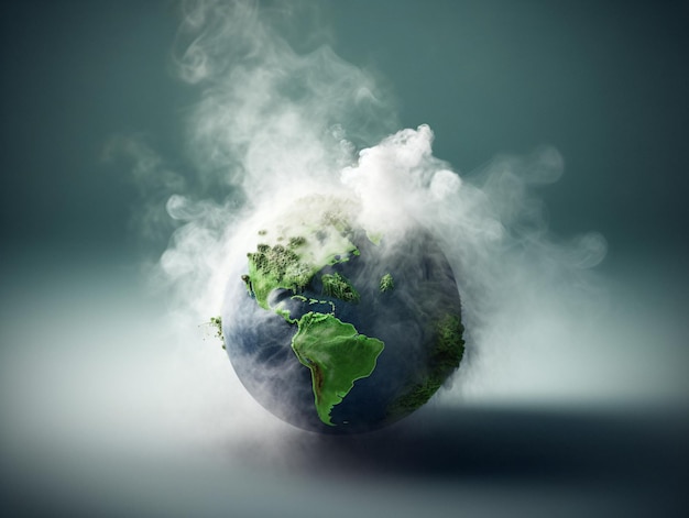 環境に配慮した世界 緑葉生成 AI で地球から煙が立ち上る