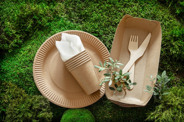 Foto stoviglie ecologiche, usa e getta e riciclabili. scatole per alimenti di carta, piatti e posate di amido di mais su uno sfondo di erba verde.