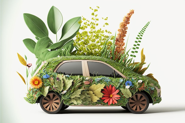 Environmentally friendly vehicle Car covered in nature leaves and flowers green energy Generative ai