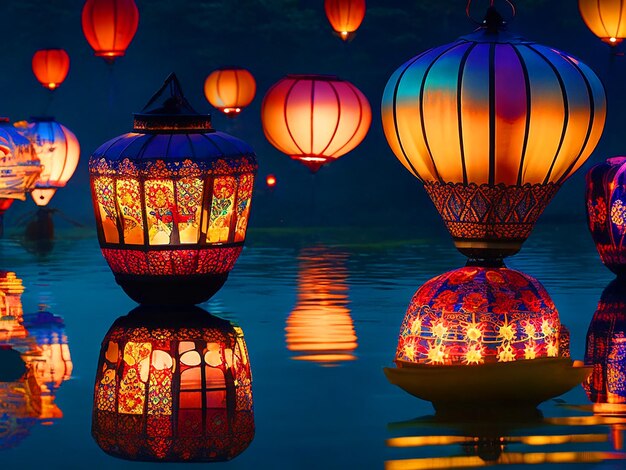 사진 태국 전통 예술 스타일로 그려진 떠다니는 등불이 있는 장면을 상상해보세요.