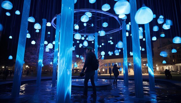 Фото Представьте себе городской парк в голубой понедельник с голубыми осветительными установками