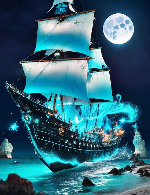Envision a captivating scene of a mystic pirate ship adrift on the enchanting turquoise waters of a
