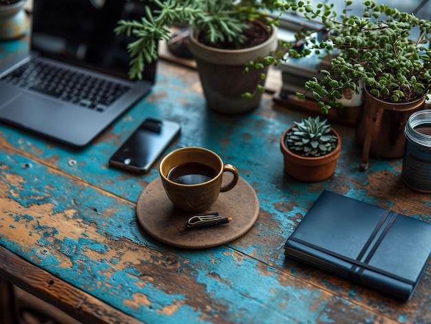 Envision a close up realistic image of an office desk