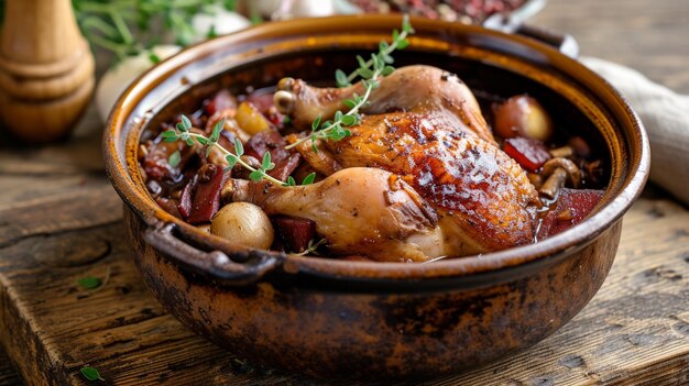 Coq au vin (コク・オ・ヴィン) はフランスの古典的な料理で古風の陶器の鍋でキツネを濃いレッドワインソースでしキノコ真珠のニンニクラドンを加え