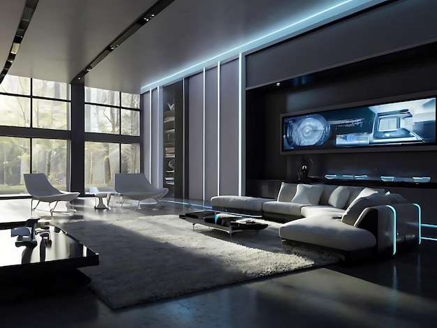 Photo envision a futuristic living room with advanced technology ai generated