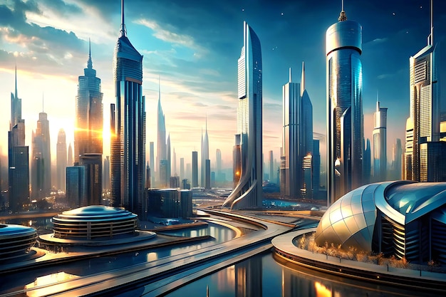 Envision a futuristic metropolis where technology and architecture merge seamlessly background