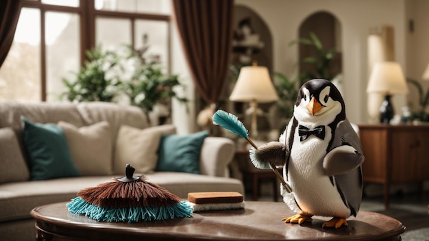 Envision a meticulous penguin in a maids outfit holding a feather duster and cleaning a stylish li