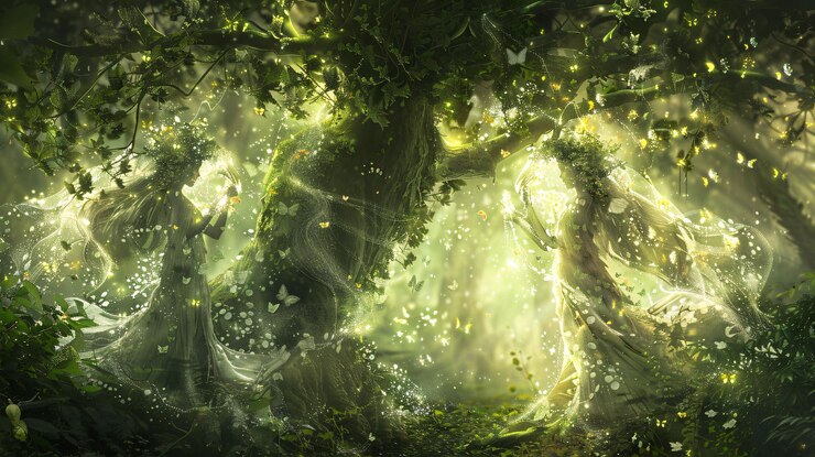 Envision mystical forest spirits interacting with nature