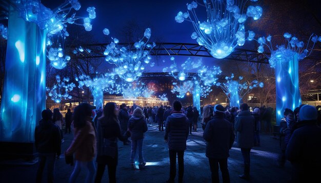 Photo envision an urban park on blue monday with bluecolored lighting installations