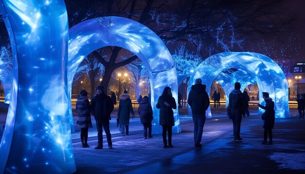 Envision an urban park on blue monday with bluecolored lighting installations