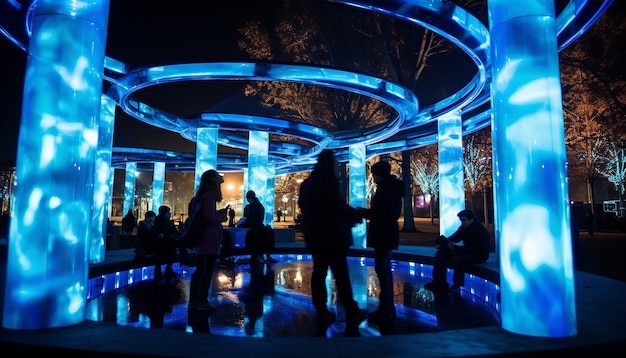 Foto immaginate un parco urbano il lunedì blu con installazioni di illuminazione di colore blu