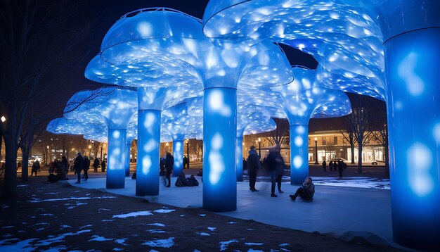 Envision an urban park on blue monday with bluecolored lighting installations