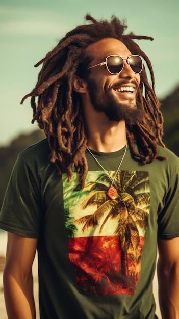 Envolvendose no ritmo Jovem entusiasmado usando camiseta Bob Marley curte reggae a beiramar com s