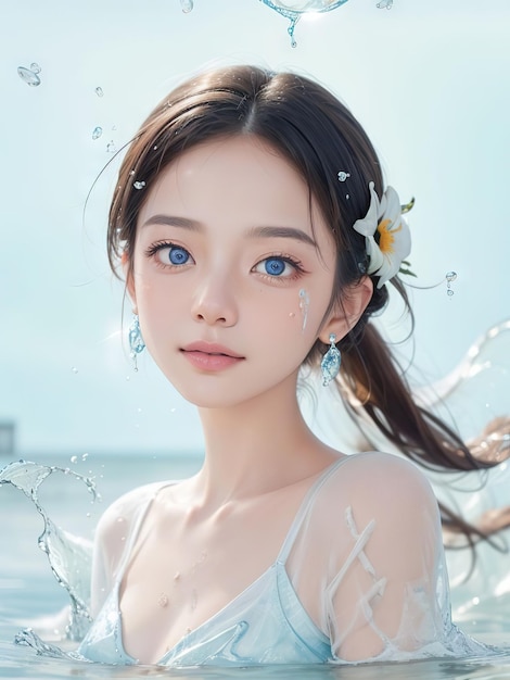 Ephemeral Elegance Enchanting Girl Adorned with Water and Flowers