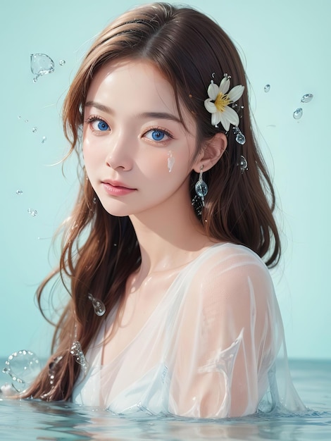 Ephemeral Elegance Enchanting Girl Adorned with Water and Flowers