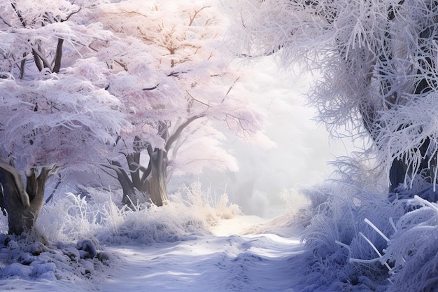儚い冬の美しさと儚い魅力を持つ、儚い凍てつく森の風景
