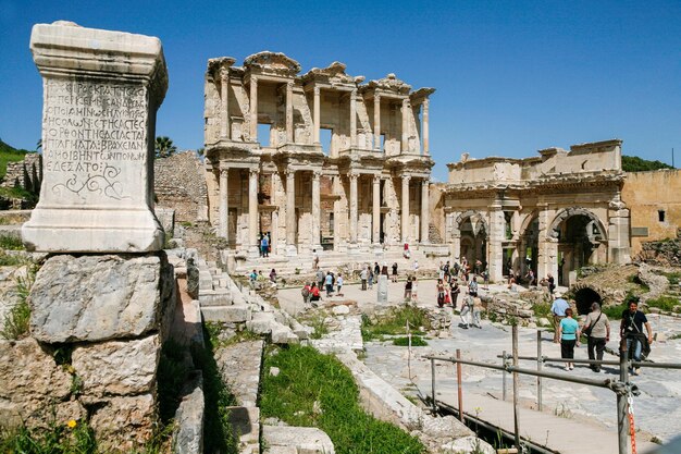 Ephesus Turkey april 14 2009 People are observing Library of Celsus in Ephesus Ancient City in Turkey