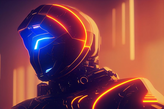 Epic 3d portrait female cyborg in a full high tech orange rays Exo Suit LED lighting accentsAI Generated Art