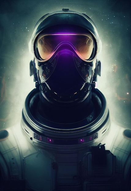 壮大な 3 d ポートレート イラスト未来派のサイバー パンク宇宙飛行士劇的な照明壮大な宇宙映画