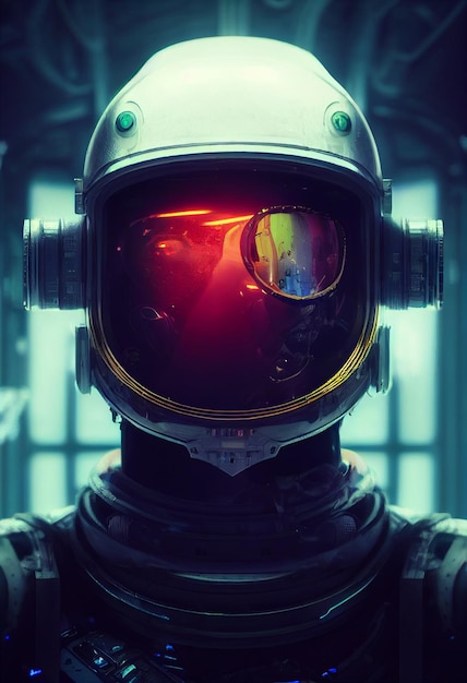 Illustrazione epica del ritratto 3d astronauta cyberpunk futuristico illuminazione drammatica epico cinematico spaziale
