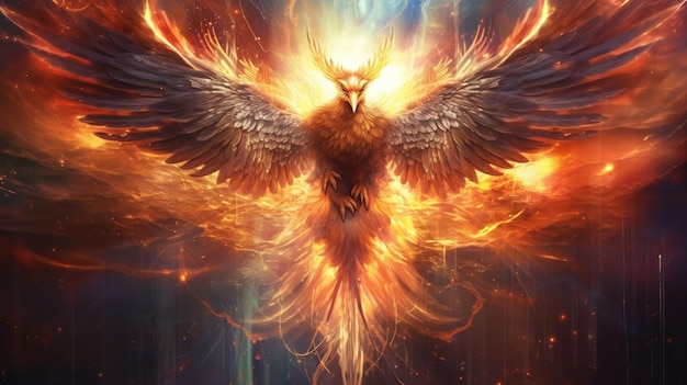 エピック・アブストラクト・ファンタジー フェニックス・バード 広がる火 燃える 輝く翼 AIが生成した画像